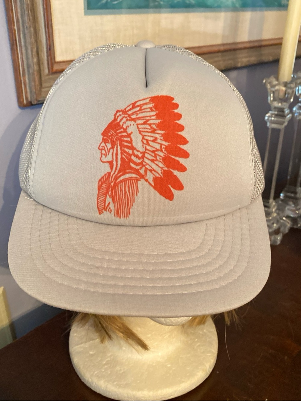 V! VINTAGE Native American Chief Hat Cap Snap Back Gray Trucker Mesh Neon Mens